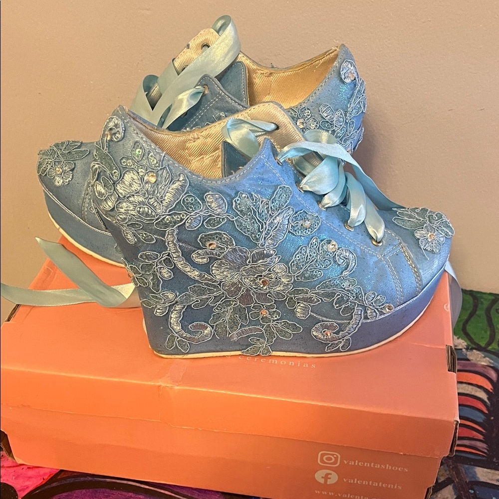 Valentina Sky Blue Floral bridal Wedges